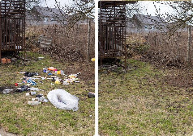 Yard cleanup before and after comparison.